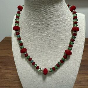 Necklace with Red & Green Faceted AB Crystals with SilverTone Filagree Stations.